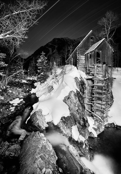black and white Crystal Mill Trails Winter