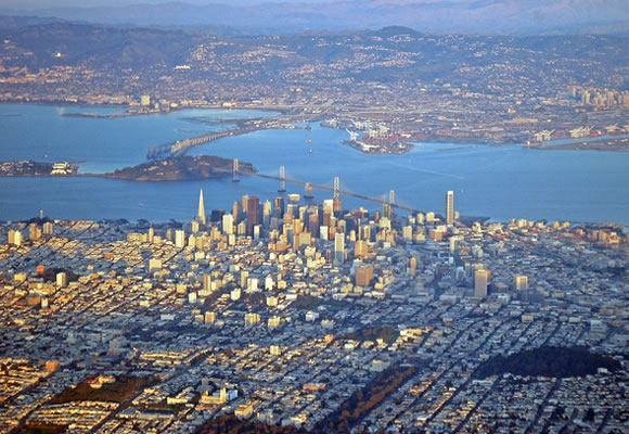 Flying above San Francisco, California houses