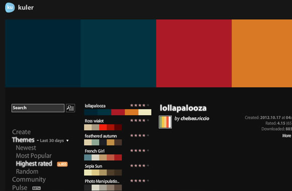 screenshot website layout Adobe Kuler webapp color picker