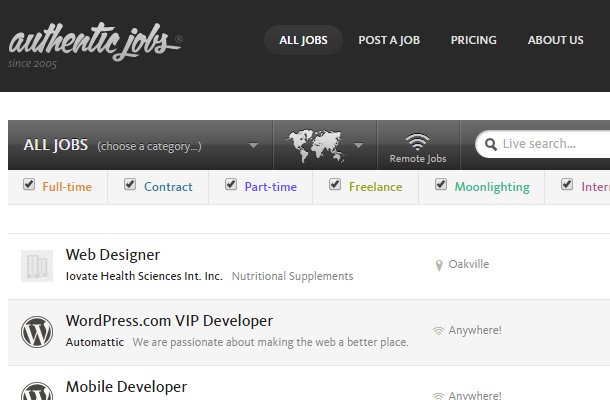 authentic jobs search form website