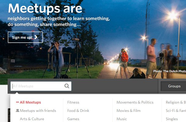 meetup social network search form interface