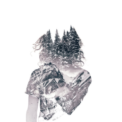 Monochromatic conceptual collage of a man inhabited by a feeling of wilderness. His body is made of successive layers of mountains, trees and birds. His eye is visible through the trees.