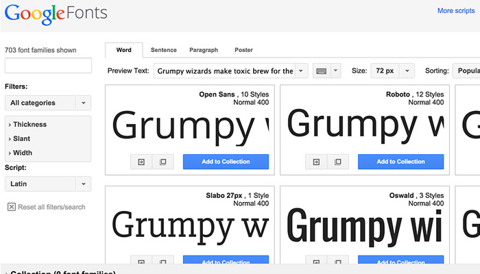 Google Web Fonts homepage