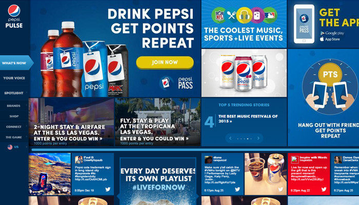 pepsi cola homepage layout