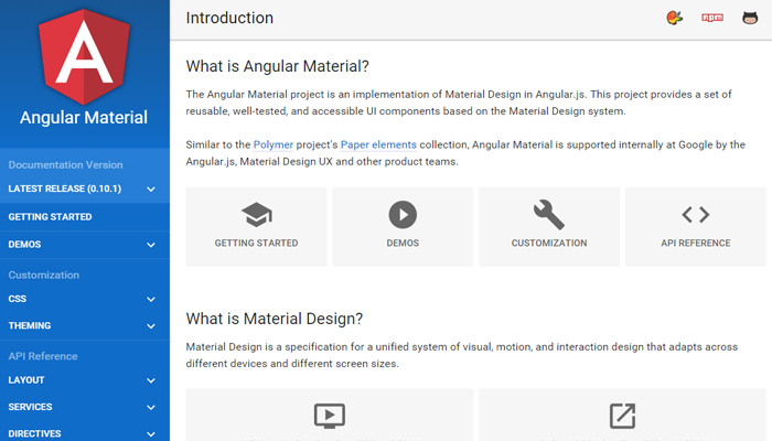 angular material website homepage